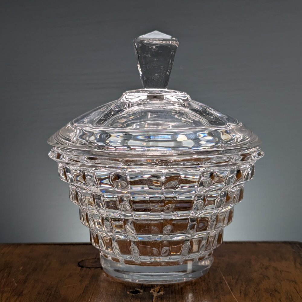 Vintage depression glass clear lidded candy dish, sugar bowl gift